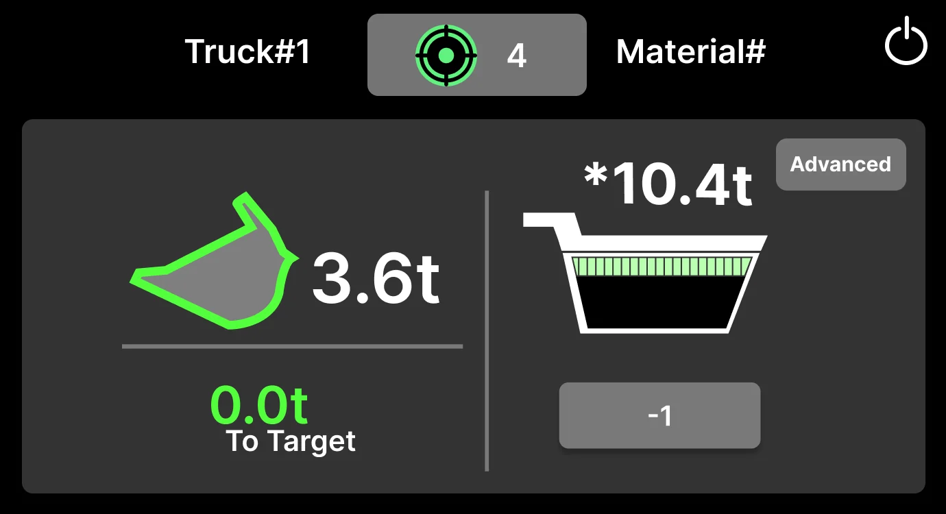 Payload tile: target chip at top, bucket weight on the left, tonnes to target below it, and truck bed weight on the right