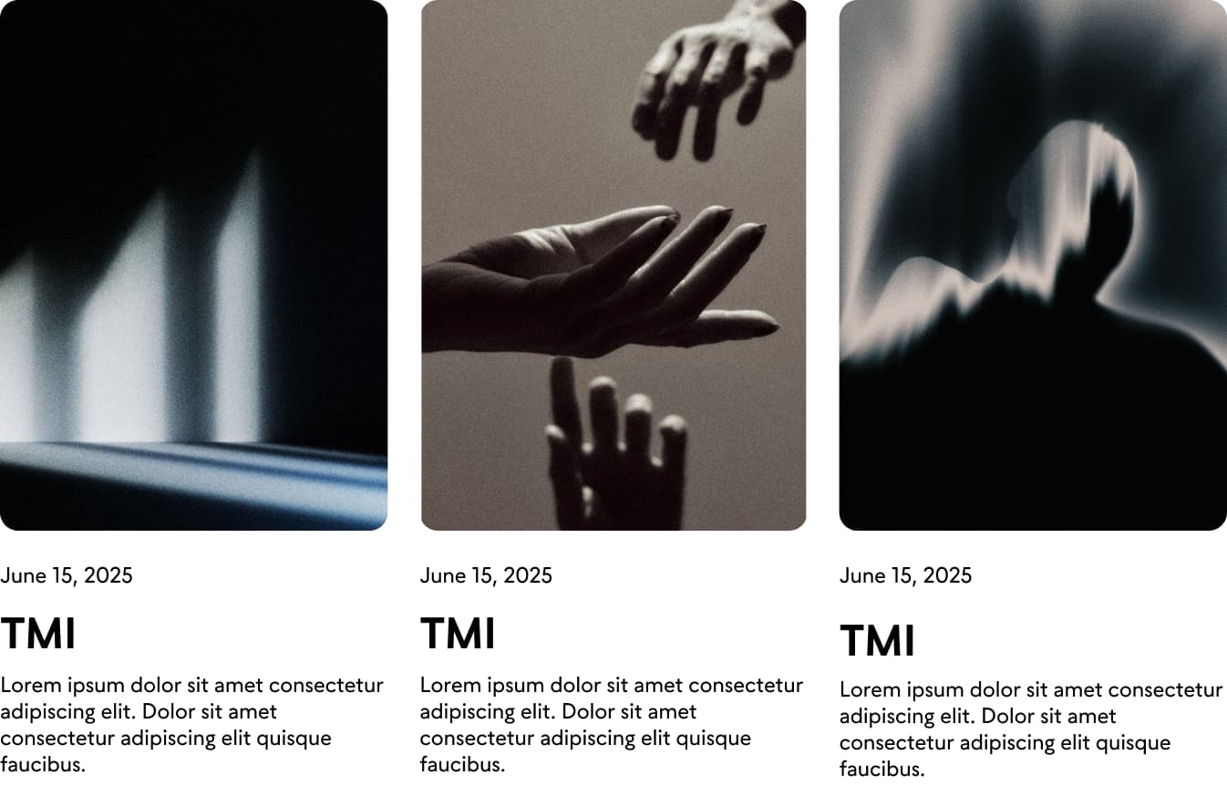 Original research design with complete article cards: image, date, TMI title, and placeholder description.