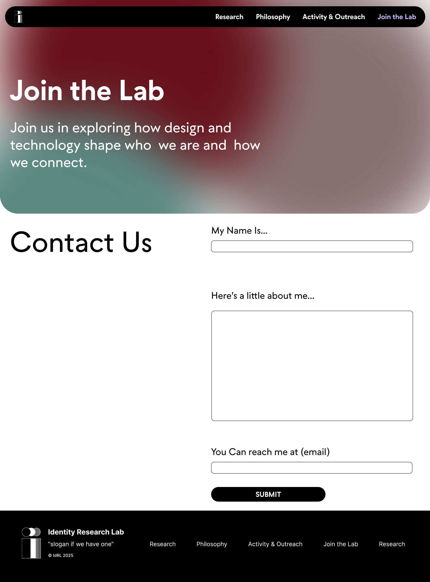 Complete original Join the Lab design, including its header, Contact Us form, Submit button, and footer.