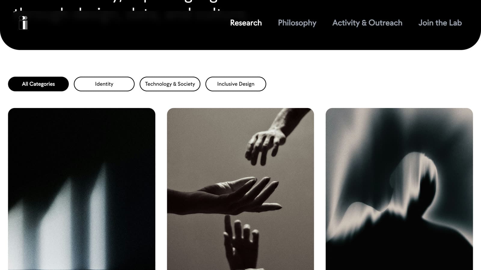 Category filters on the built Research page: All Categories, Identity, Technology and Society, Inclusive Design.