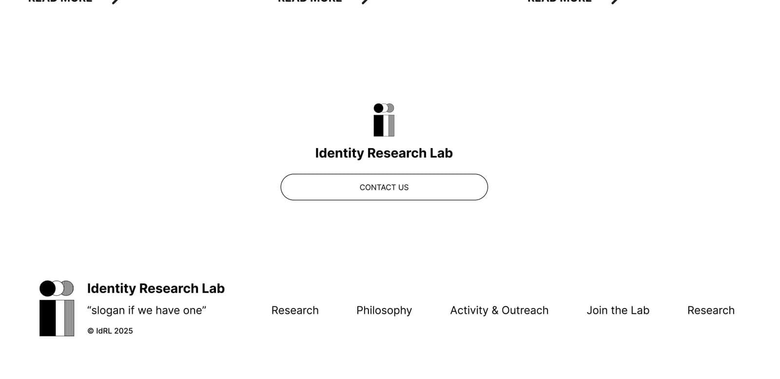 Research wireframe, bottom of the page, with a Contact Us button above the footer.