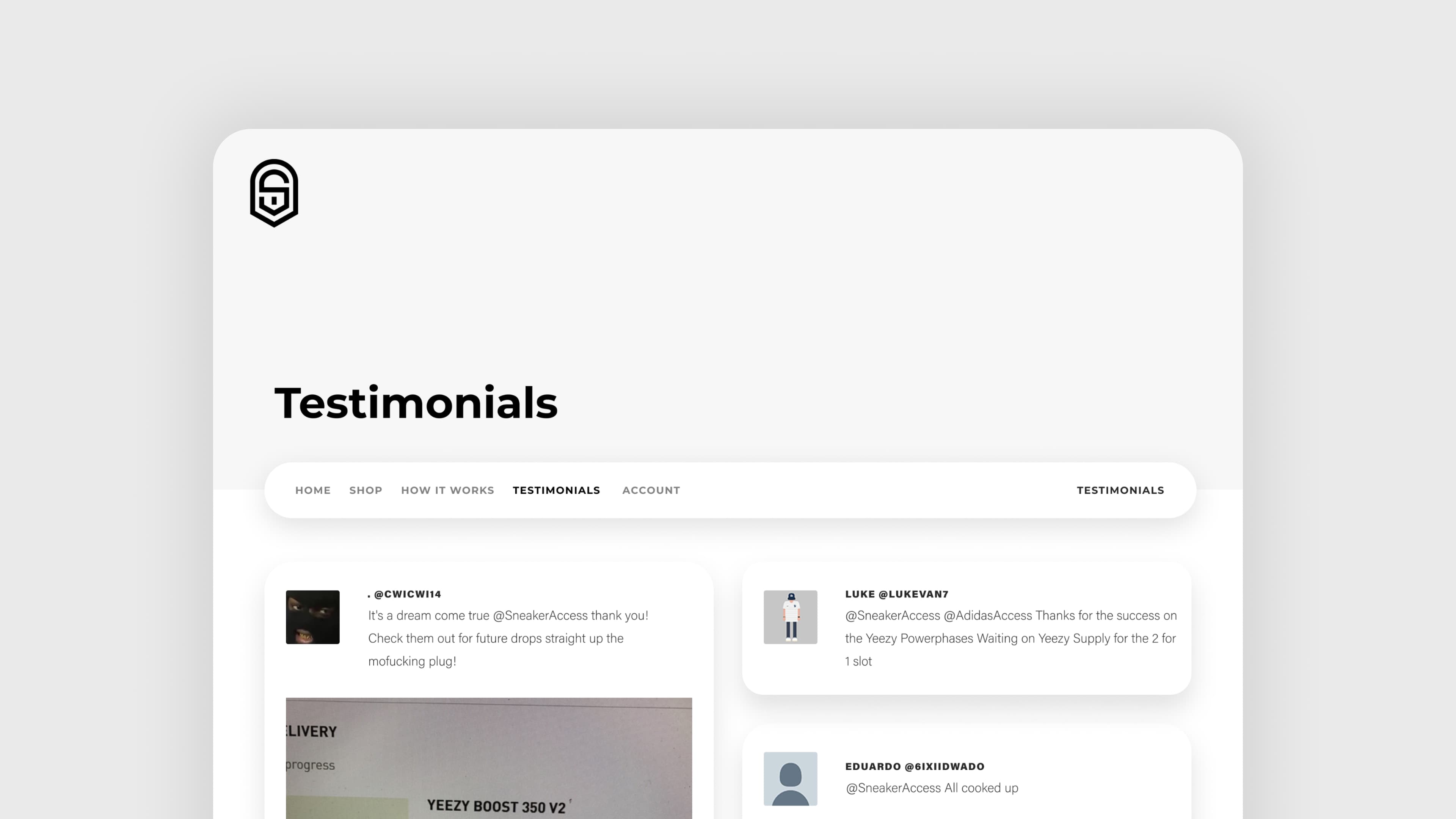 Testimonials page collecting members' tweets about successful checkouts.