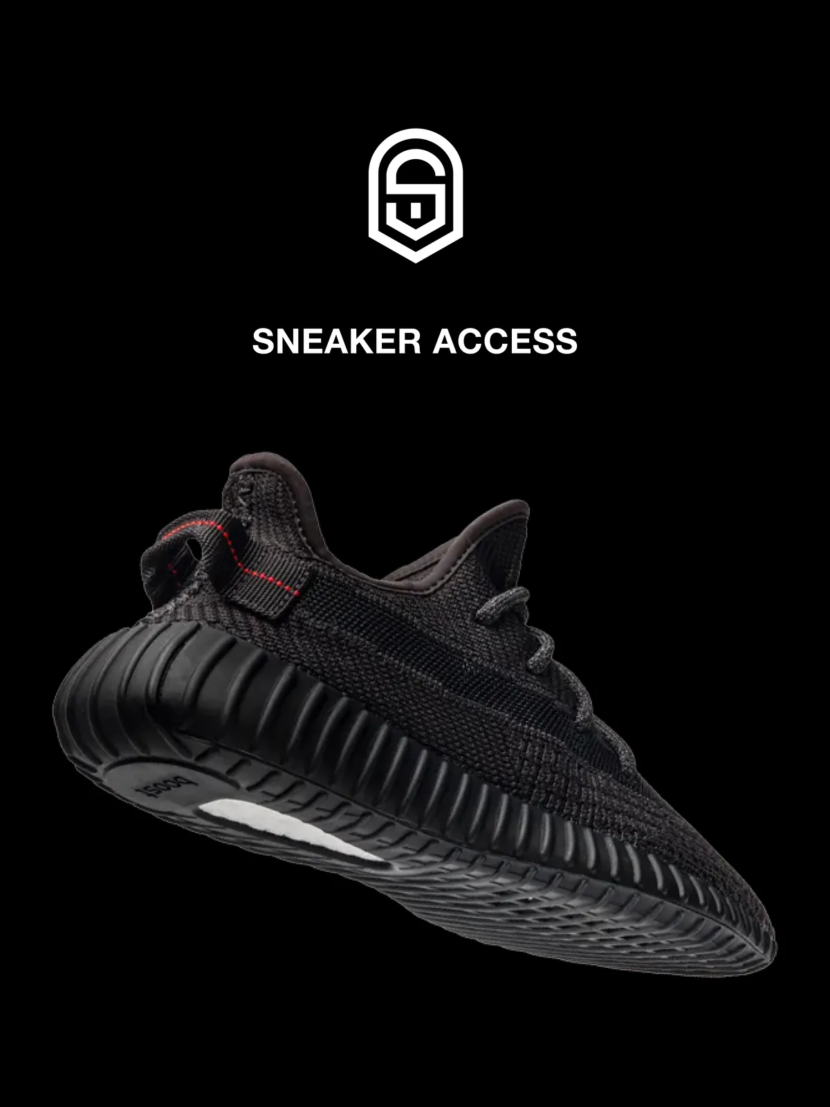 Sneaker Access shield logo beside a black Yeezy 350.