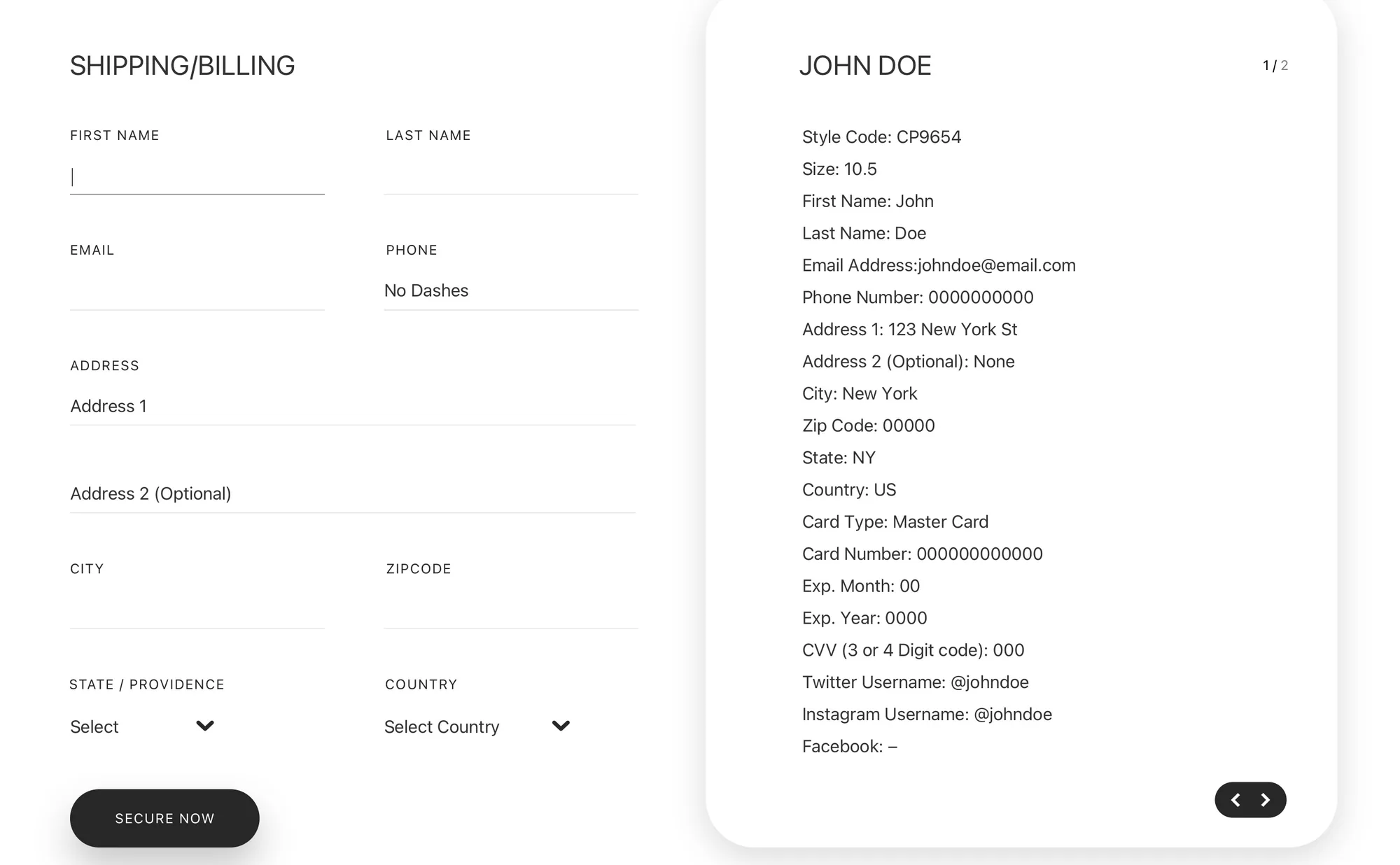 Shipping and billing form beside a summary card listing the size, name, address and card details that will be submitted.