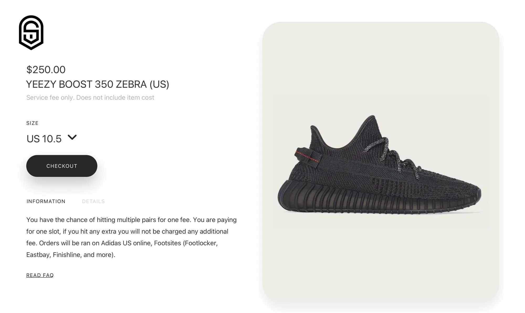 Sneaker Access product page with a $250 service fee, a note that the fee does not include the item cost, and a size picker.