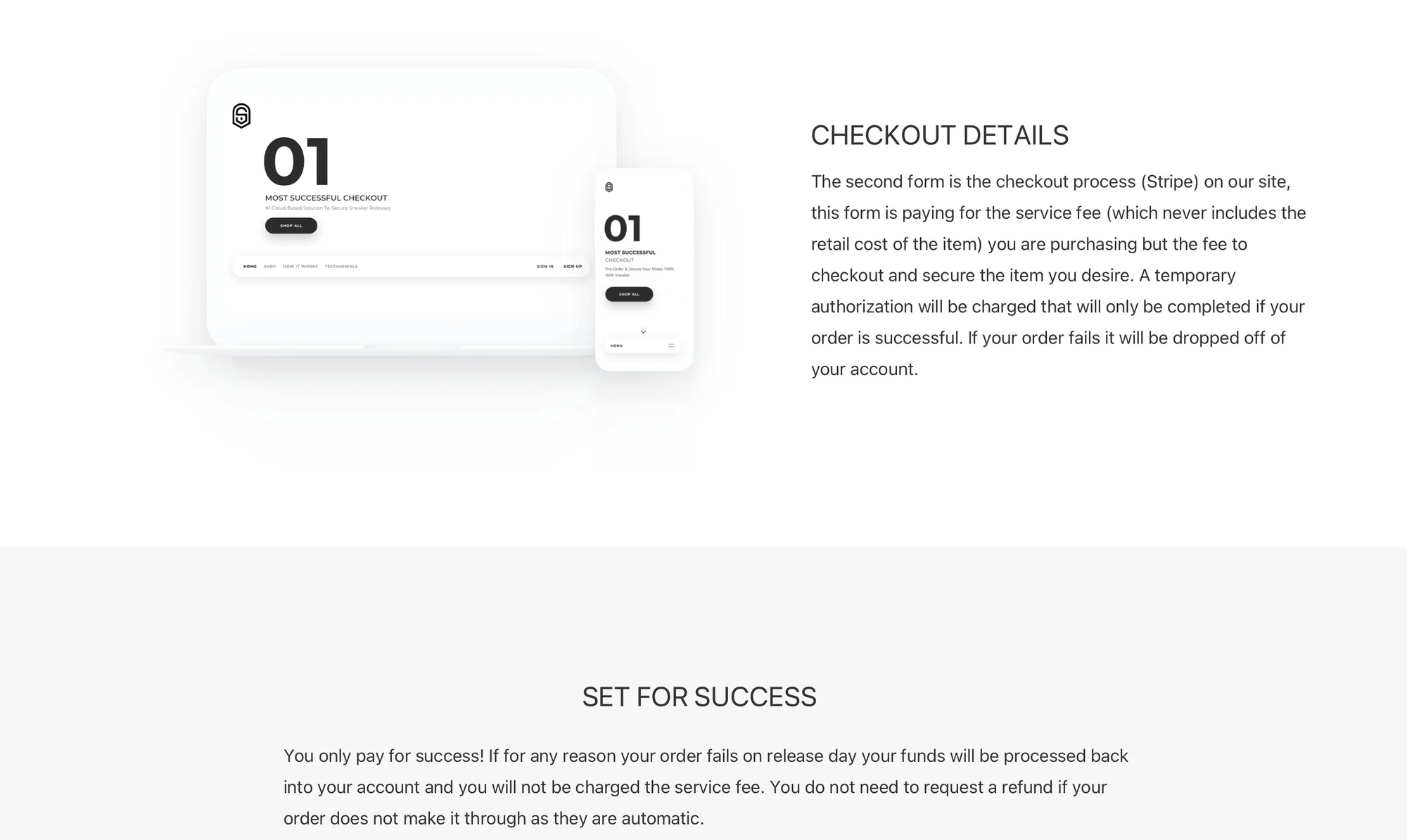 How It Works page explaining the checkout form and a Set for Success section promising automatic refunds for failed orders.