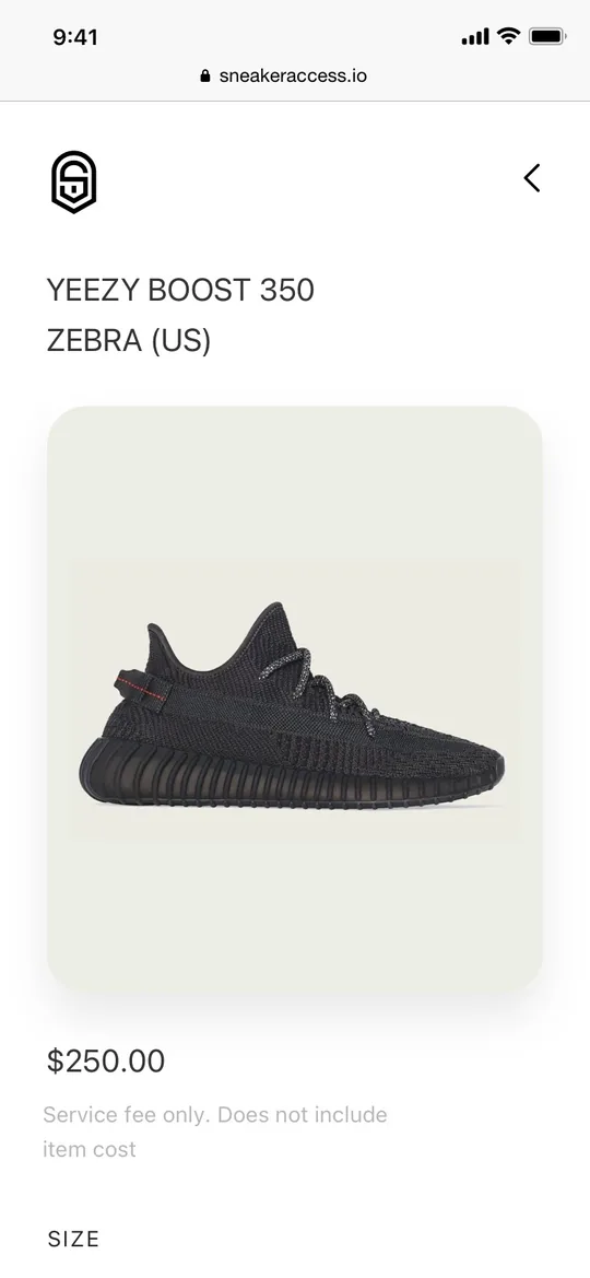 Sneaker Access mobile Product screen.
