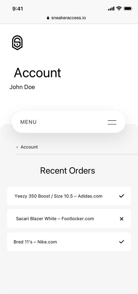 Sneaker Access mobile Recent Orders screen.
