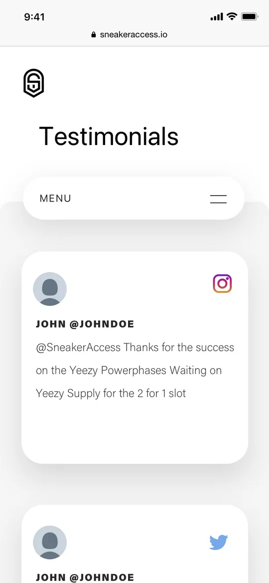 Sneaker Access mobile Testimonials screen.
