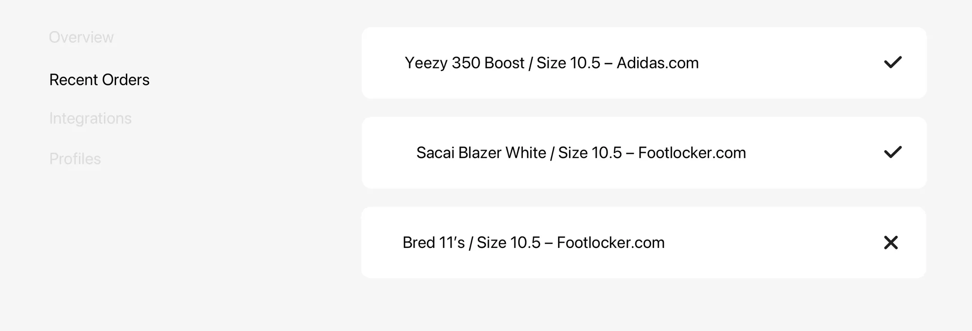 Recent Orders list with two releases marked successful and one marked failed.